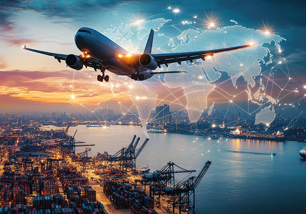 Global air cargo, sunset over port city
