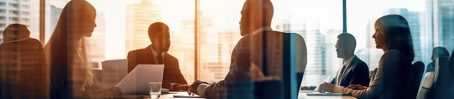 Silhouetted professionals meeting in boardroom.