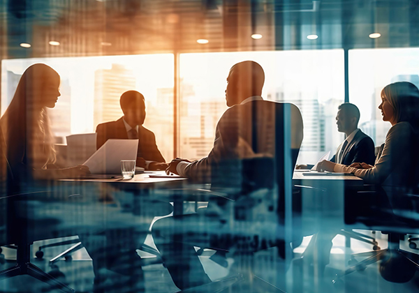 Silhouetted professionals meeting in boardroom.