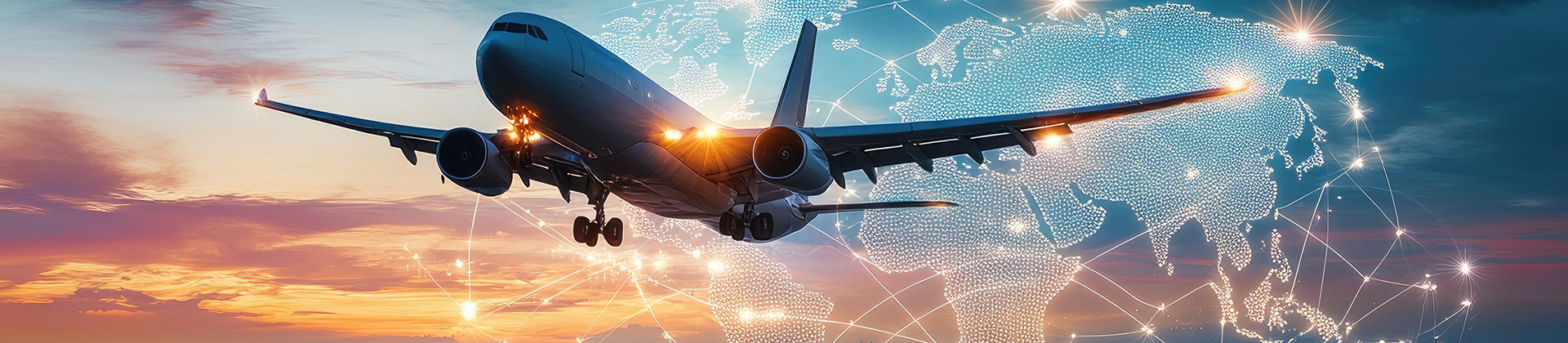 Global air cargo, sunset over port city