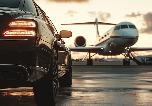 Black luxury limousine car with private white jet in the background