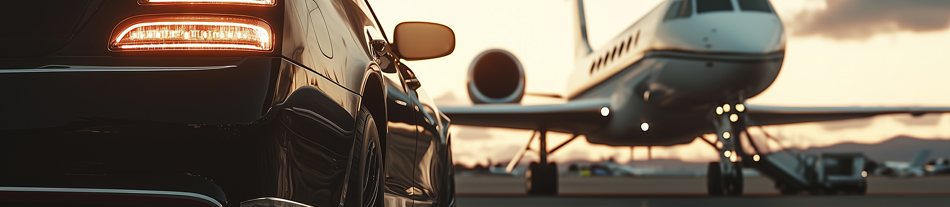 Black luxury limousine car with private white jet in the background